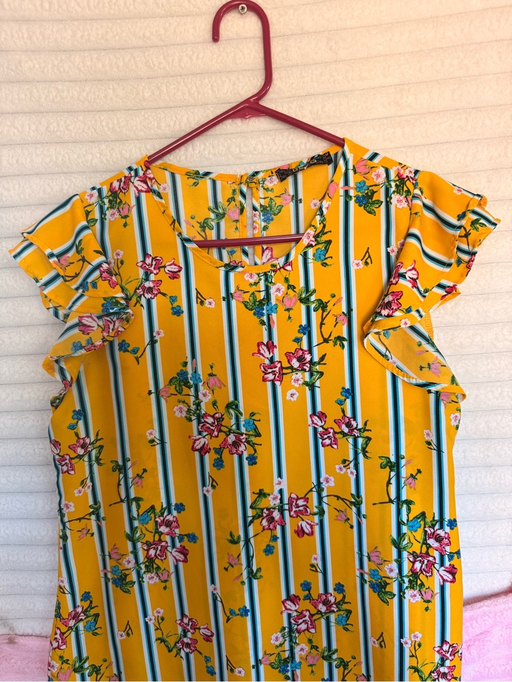 Yellow Floral Stripe Ruffle-Sleeve Blouse